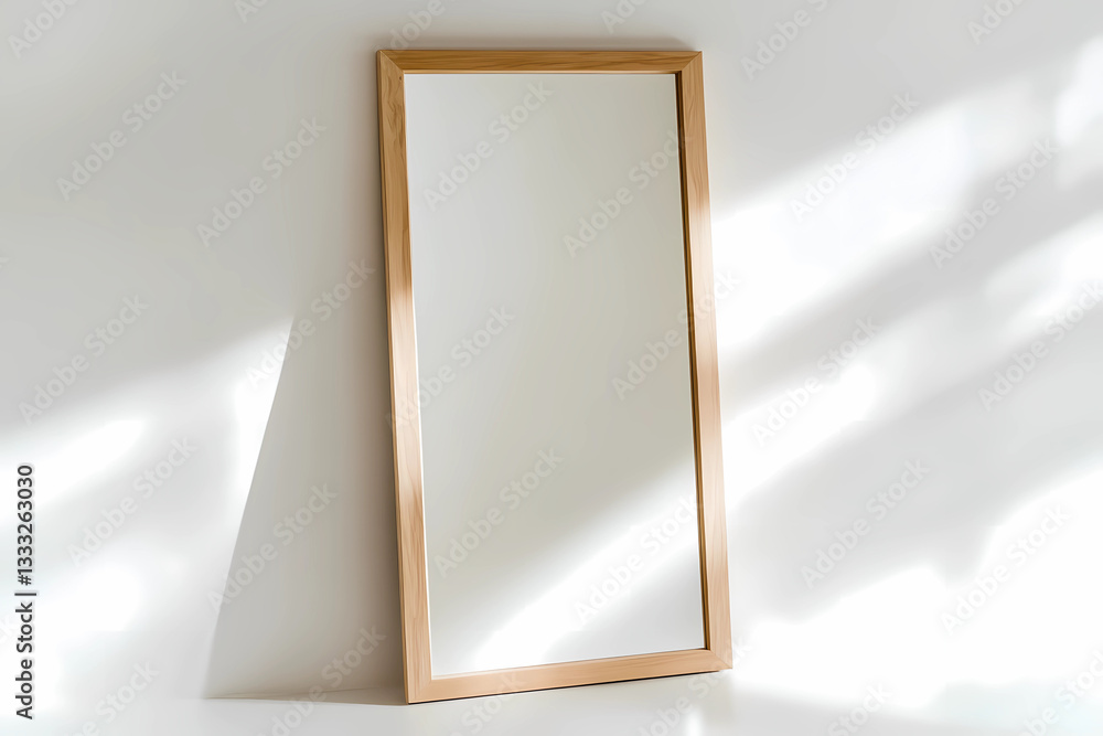 A wooden framed mirror is sitting on a white surface A wooden framed mirror is sitting on a white surface