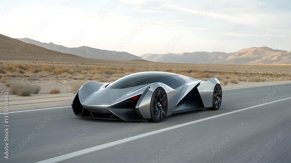 Naklejka premium A sleek chrome finished futuristic racing car accelerating at high speed on a barren desert road with a dynamic aerodynamic design showcasing the power of advanced automotive technology