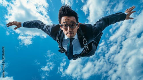 Wallpaper Mural スーツ姿の日本人ビジネスマン、スカイダイビングで非日常を体験 Torontodigital.ca