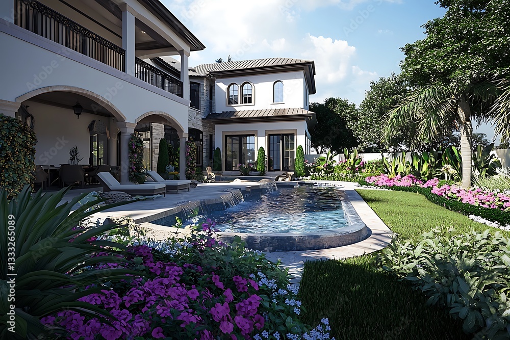 Obraz premium Luxury mansion house in Florida with garden and pool Tropical vacation vibe
