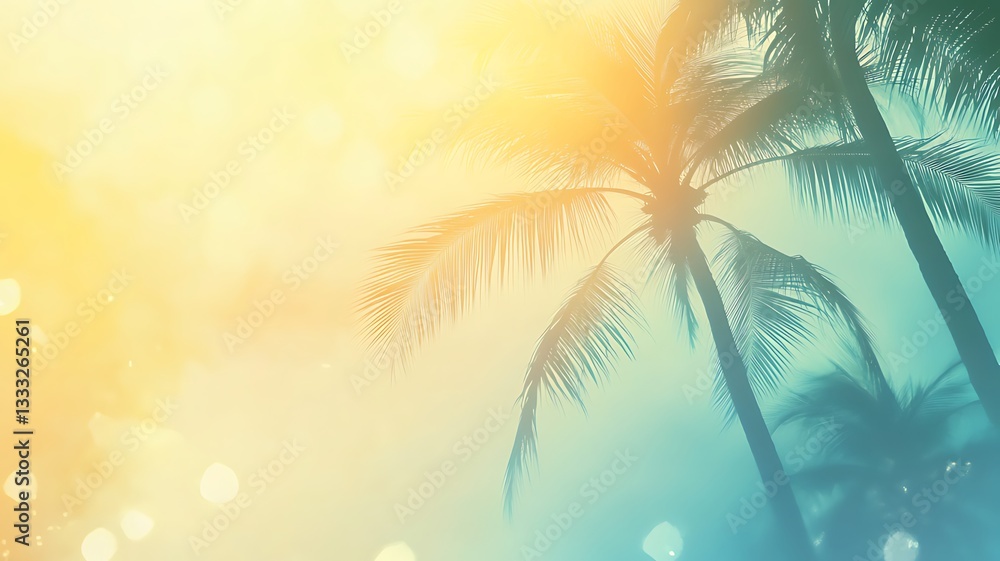 Fototapeta premium Sunlight Palm Leaves with Tropical Bokeh, Nature Sunlight effect with palm tree, palm tree with summer vive.