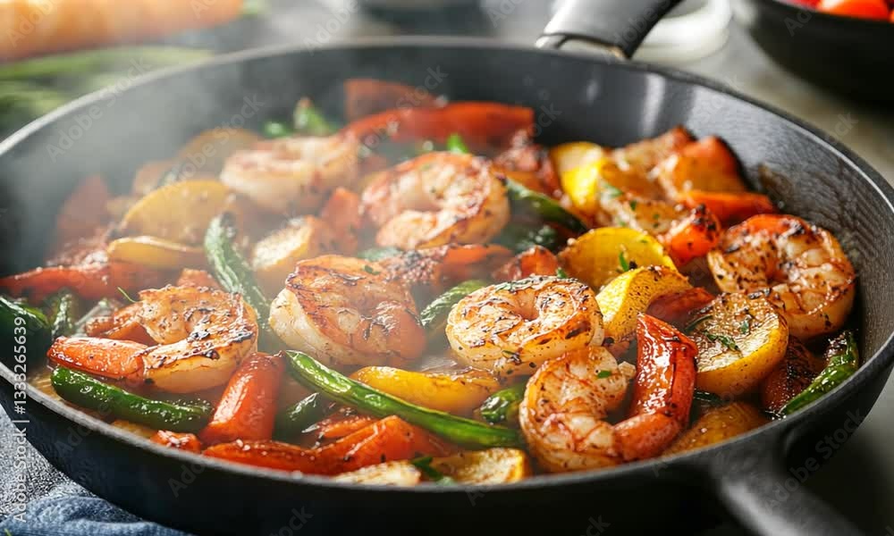 A vibrant skillet filled with saut?ed shrimp, colorful vegetables, and herbs, steaming on a kitchen counter A vibrant skillet filled with saut?ed shrimp, colorful vegetables, and herbs, steaming on a kitchen counter