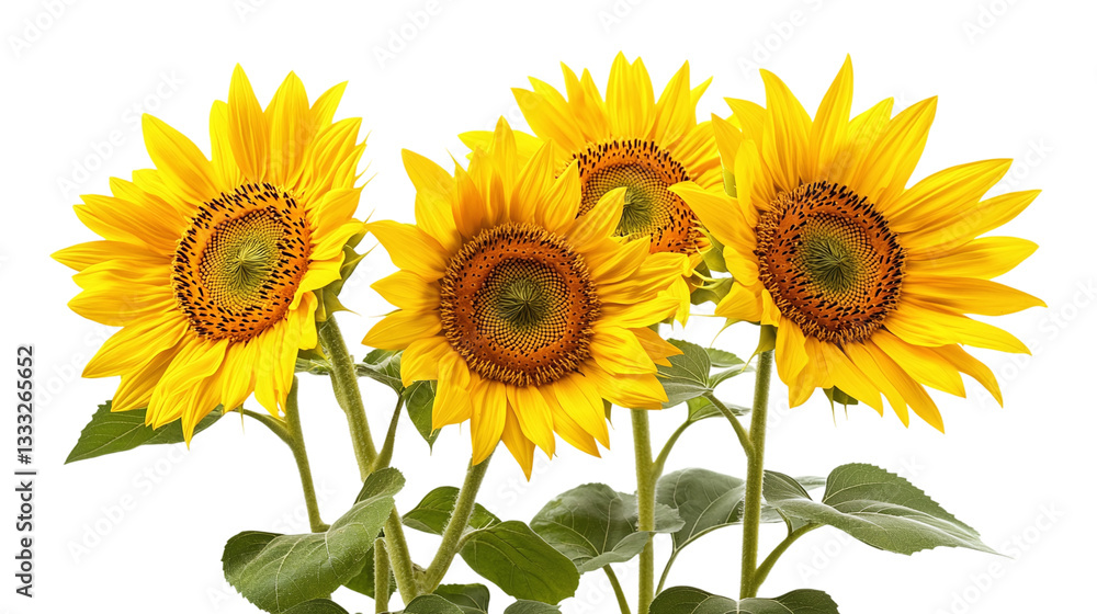 Fototapeta premium Bright yellow sunflowers in full bloom, cut out. Isolated on a transparent background.