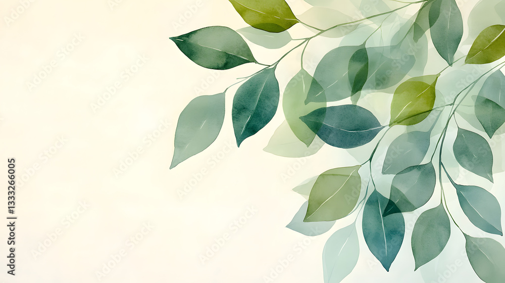 Soft Green Leaves on Light Background in Watercolor Style Soft Green Leaves on Light Background in Watercolor Style