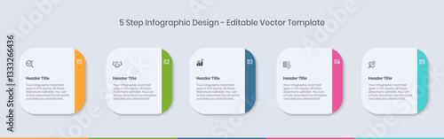 5 Steps Infographics Design Template - Graph, Pie chart, workflow layout, square diagram, brochure, report, presentation, web design Editable Vector illustration on white background