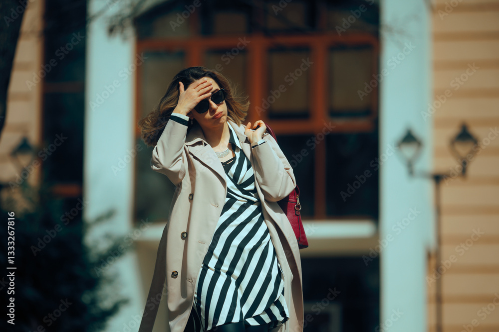 Obraz premium Casual Woman Walking Outdoors Feeling Tired and Stressed Out. Unhappy woman during sunny and windy spring day
