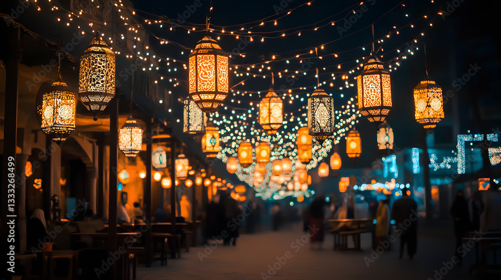 Fototapeta premium Evening market scene illuminated by decorative lanterns and lights, with people enjoying the atmosphere