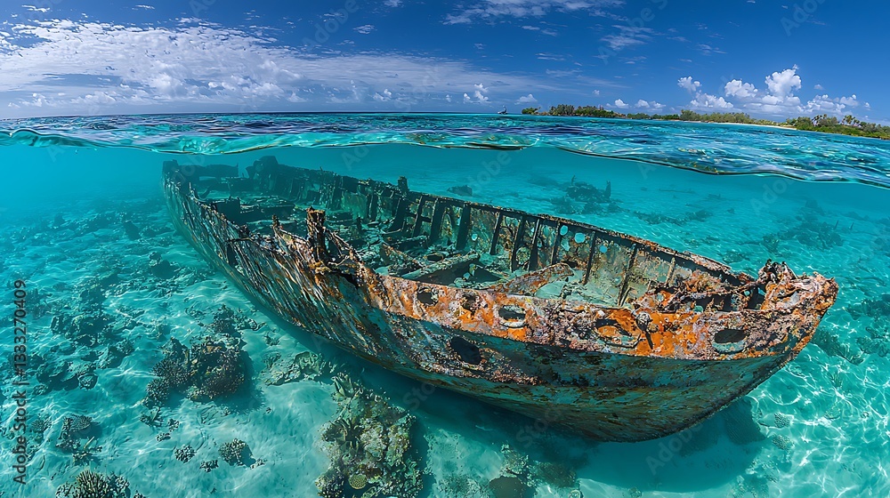 Shipwreck underwater clear turquoise water scene Shipwreck underwater clear turquoise water scene