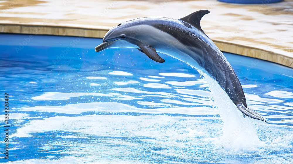 Obraz premium dolphin joyfully leaps from water in pool setting