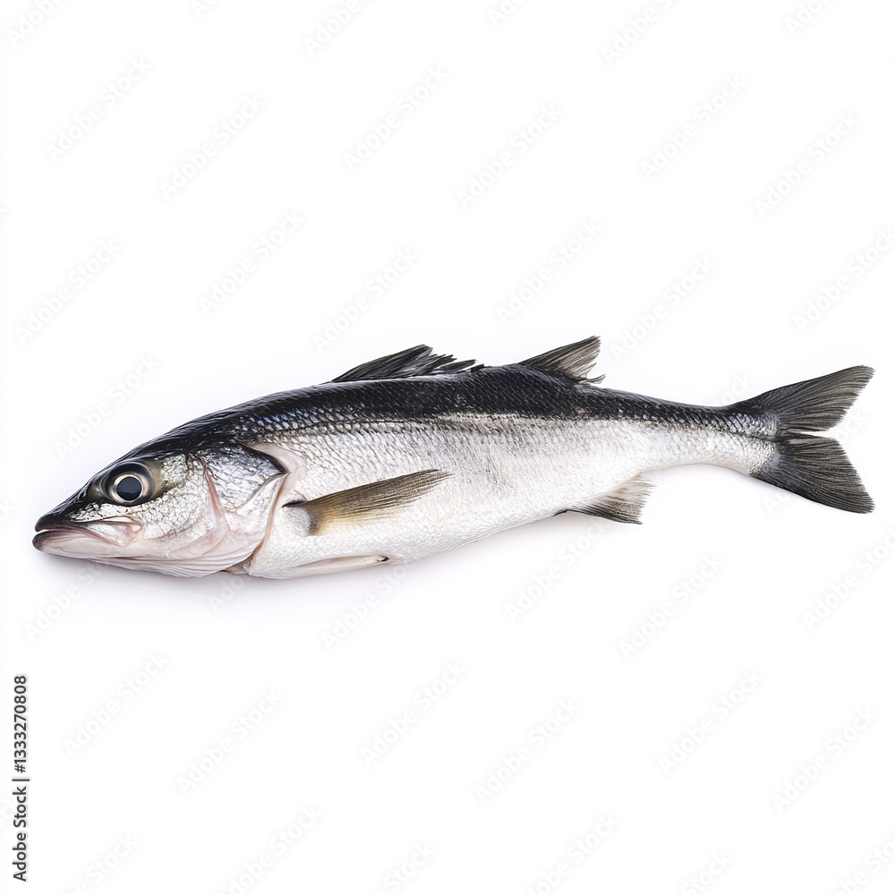 fresh fish on white background, showcasing its shiny scales fresh fish on white background, showcasing its shiny scales