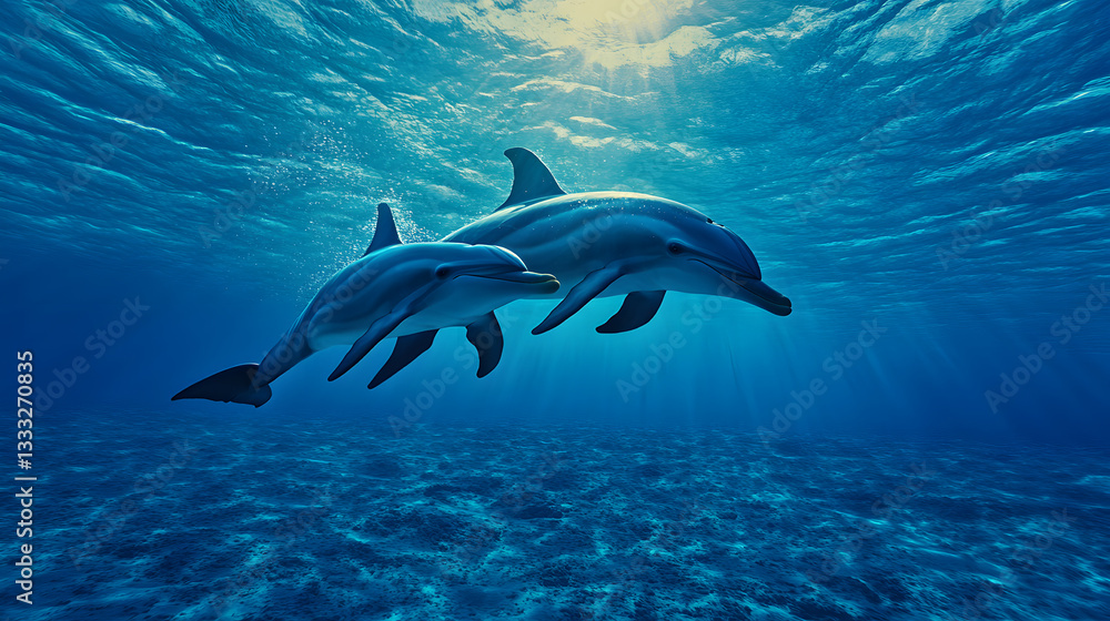 Fototapeta premium Two Dolphins Swimming Together Underwater with Sunlight Above
