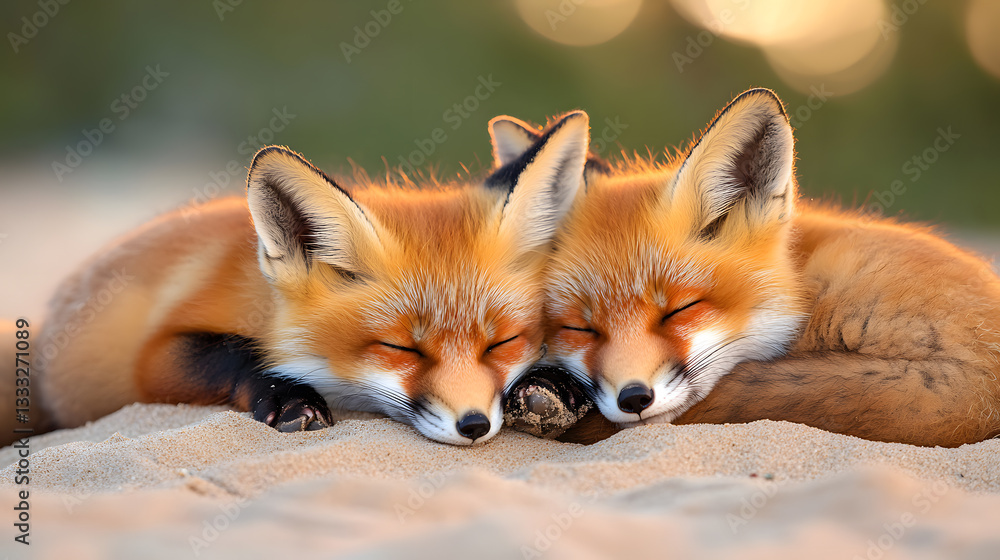 Fototapeta premium Two Red Foxes Sleeping Comfortably on Sandy Ground in Nature