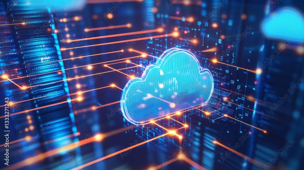 Obraz premium Dynamic rendering of a server room data center digital art high-tech environment aerial view cloud gigapixel