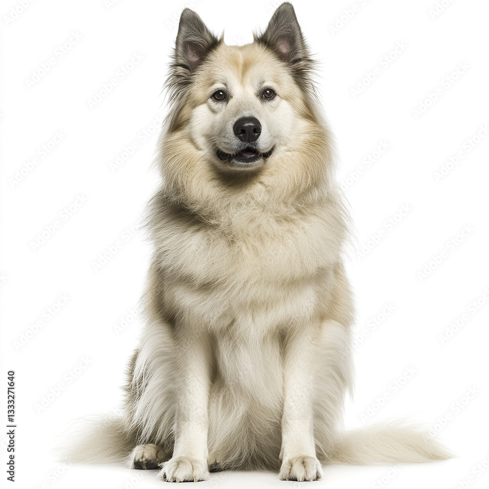 fluffy Icelandic Sheepdog sits attentively on white background fluffy Icelandic Sheepdog sits attentively on white background