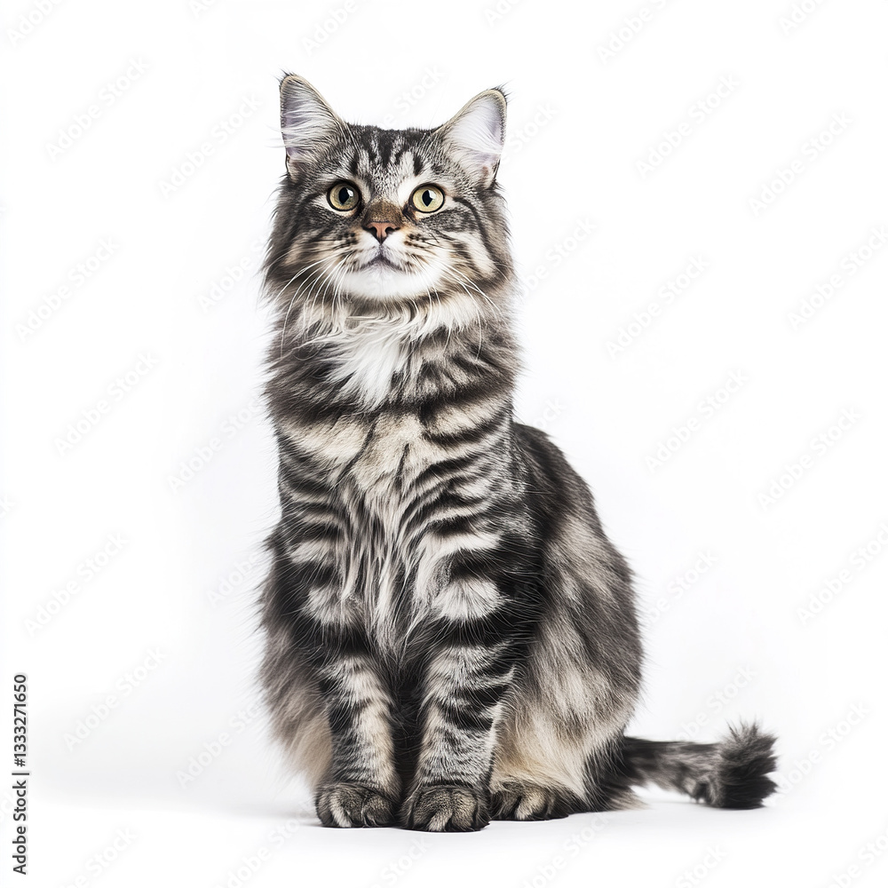 Fototapeta premium Fluffy grey striped cat sitting against white background