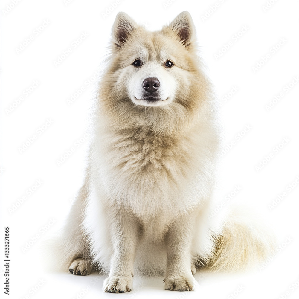 Fluffy Icelandic Sheepdog sitting attentively on white background Fluffy Icelandic Sheepdog sitting attentively on white background