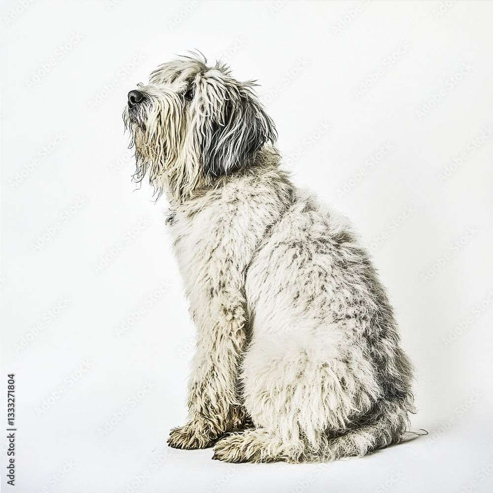 Fluffy Old English Sheepdog sitting against white background Fluffy Old English Sheepdog sitting against white background