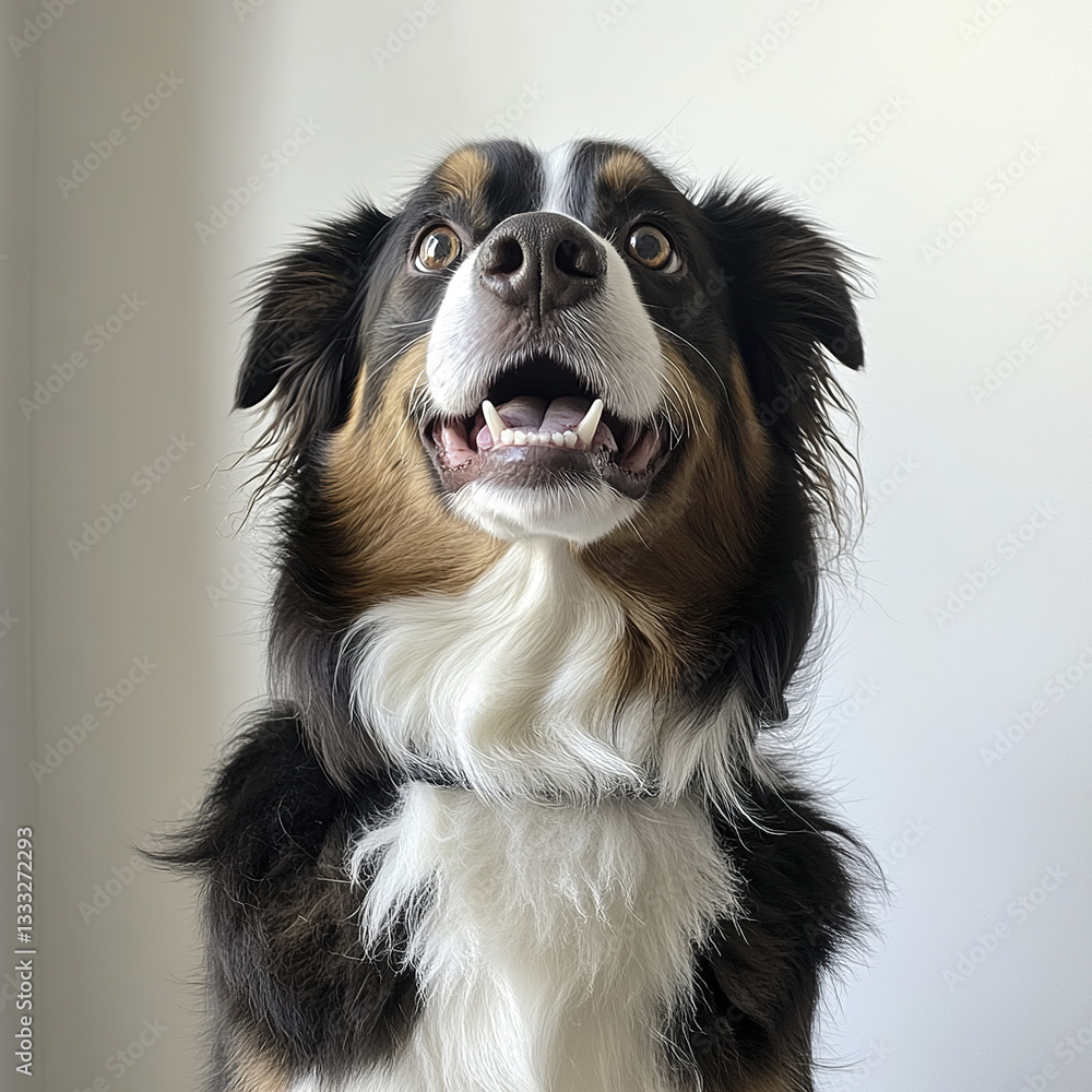 Fototapeta premium Australian Shepherd with joyful expression against plain background