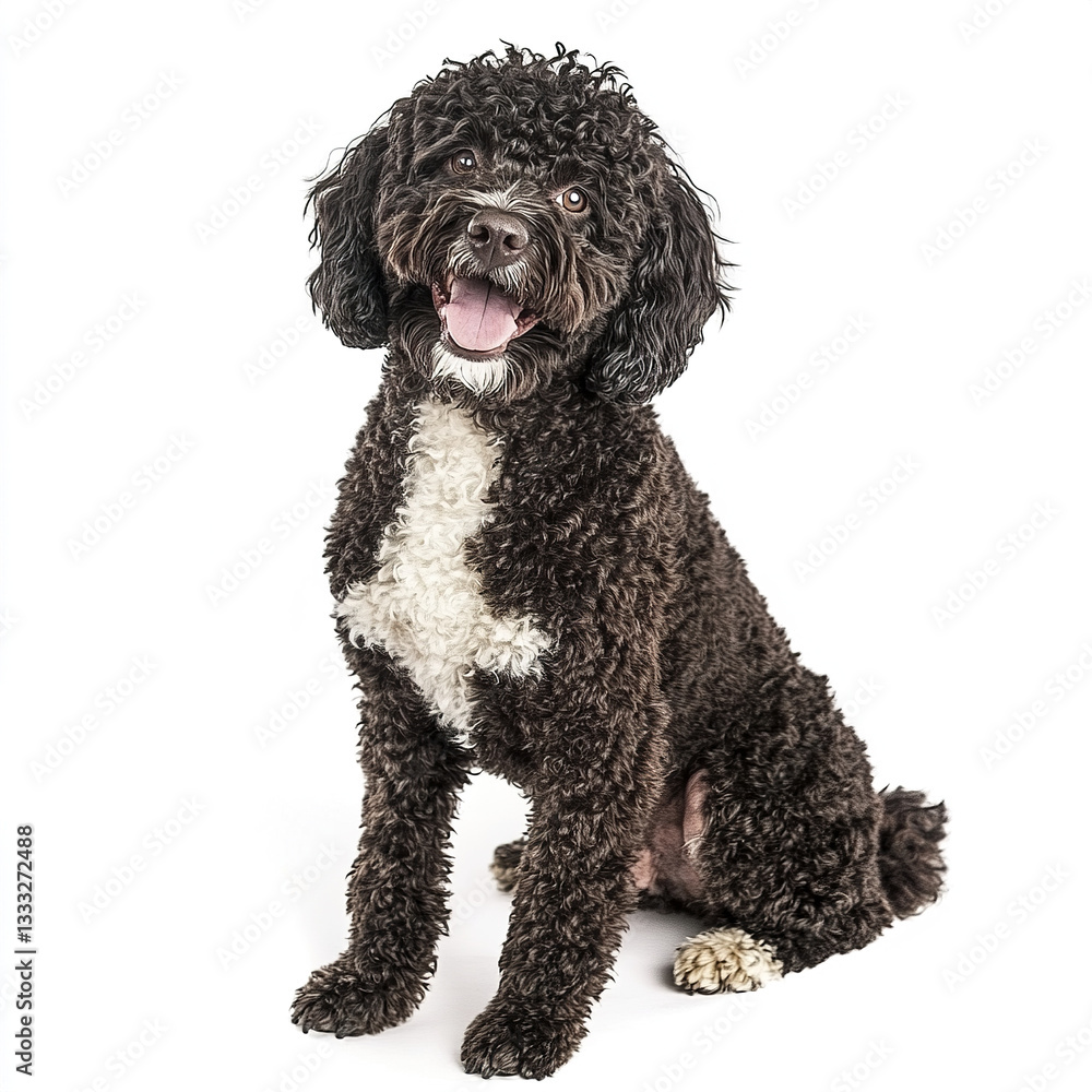 Curly haired dog sitting on white background, looking happy Curly haired dog sitting on white background, looking happy
