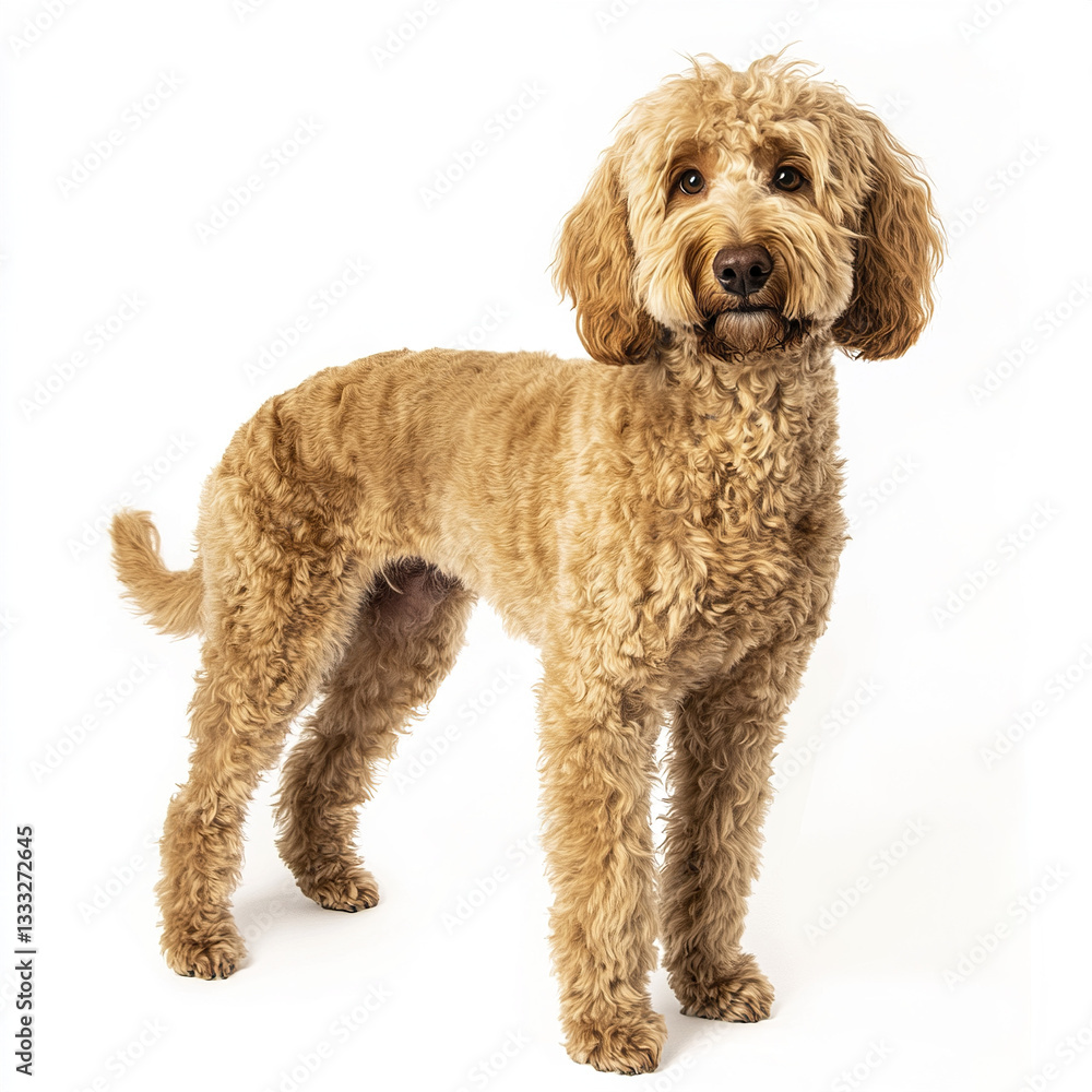 Curly haired dog standing on white background Curly haired dog standing on white background