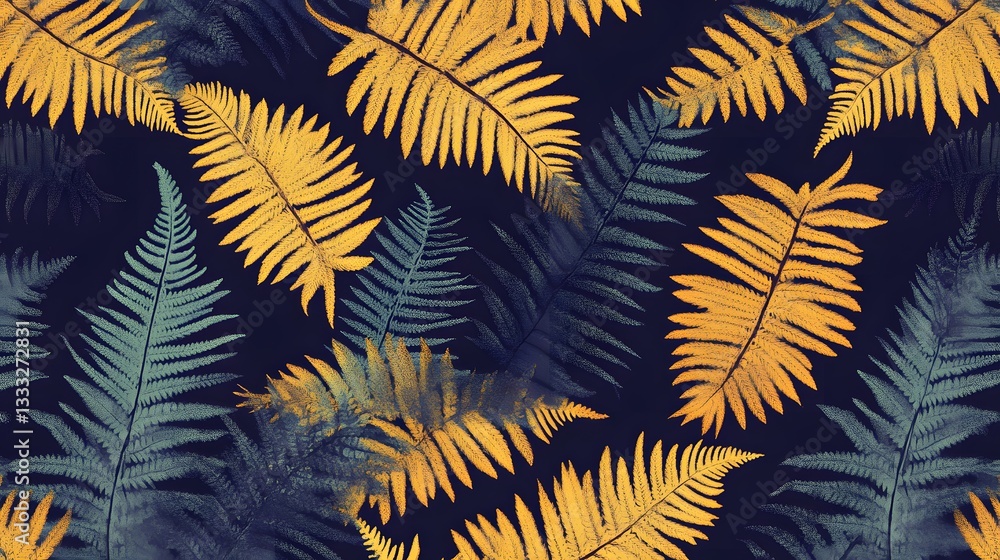 Fototapeta Golden and Teal Fern Leaves Seamless Pattern Botanical Illustration