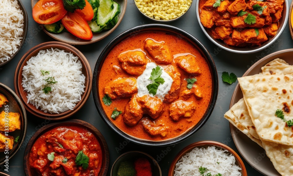 Delicious Indian Cuisine Spread Featuring Chicken Curry, Rice, Naan, Fresh Vegetables, Yogurt, and Lentils on Wooden Table Delicious Indian Cuisine Spread Featuring Chicken Curry, Rice, Naan, Fresh Vegetables, Yogurt, and Lentils on Wooden Table