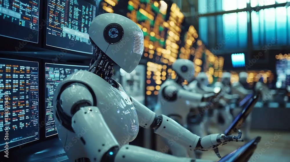Futuristic stock exchange floor where AI bots and human traders interact seamlessly Futuristic stock exchange floor where AI bots and human traders interact seamlessly