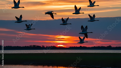 Geese navigating the air above a magnificent sunset