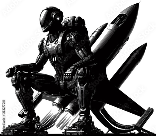 A heavily armored robotic soldier demonstrates unmatched strength, lifting a futuristic spaceship with ease. A bold sci-fi vector design perfect for modern visuals.