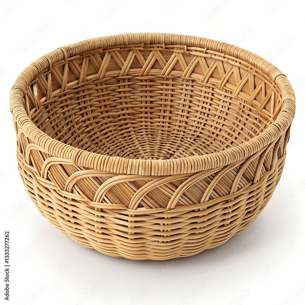 Fototapeta premium Empty Round Woven Rattan Basket on White Background