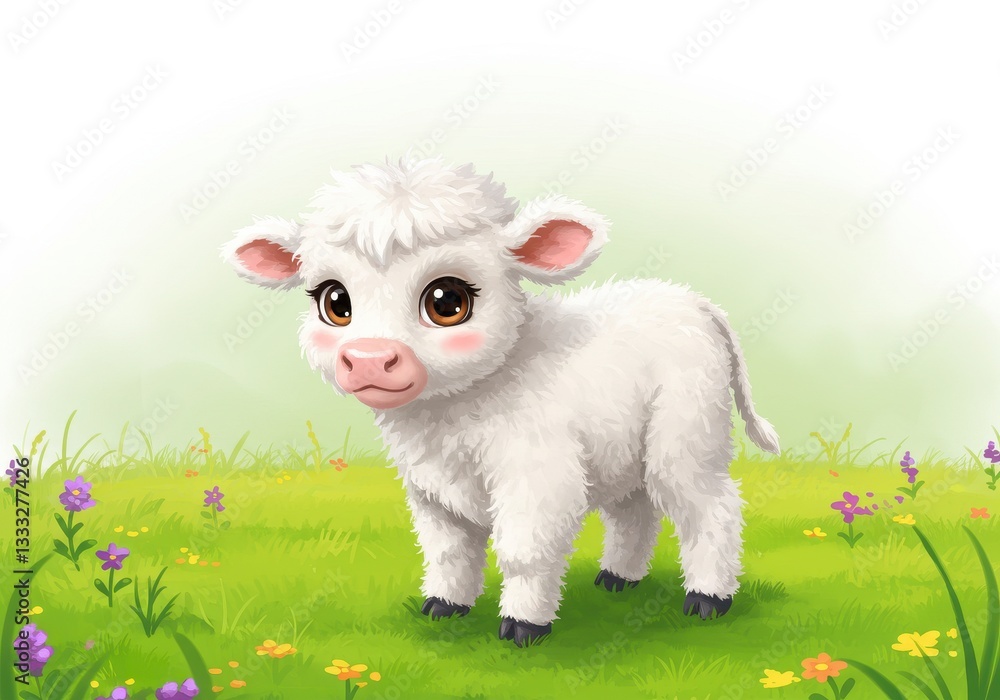 Obraz premium Adorable White Calf in a Green Field with Flowers