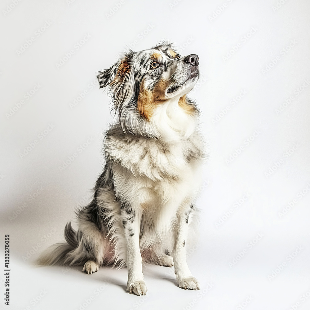 Fototapeta premium Australian Shepherd sitting against white background, looking attentive