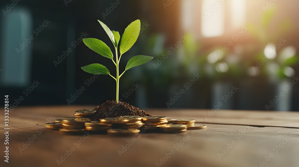 Young Plant Growing From Soil Surrounded By Stacked Gold Coins Young Plant Growing From Soil Surrounded By Stacked Gold Coins