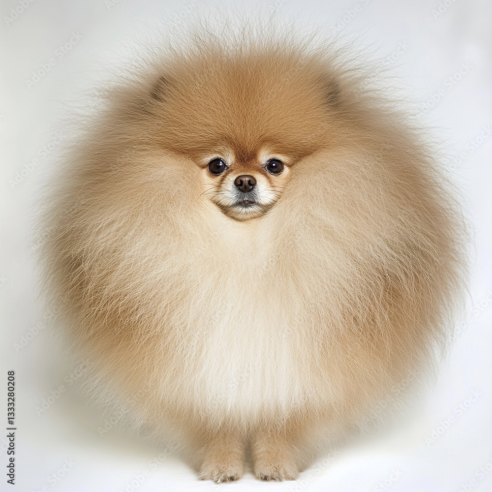 Obraz premium Fluffy Pomeranian with full coat standing against white background