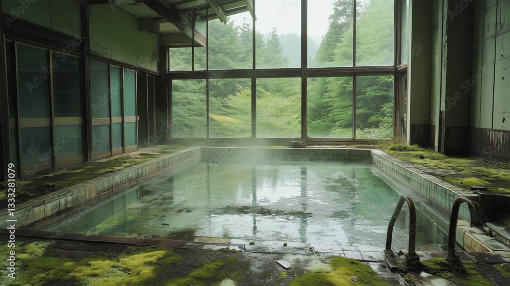 Fototapeta premium 廃墟と化した温泉街のホテル、苔むしたプールが生み出す幻想的な静寂
