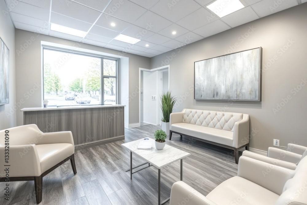 Modern and Elegant Reception Area with Comfortable Seating and Natural Light in a Minimalist Interior Design Modern and Elegant Reception Area with Comfortable Seating and Natural Light in a Minimalist Interior Design
