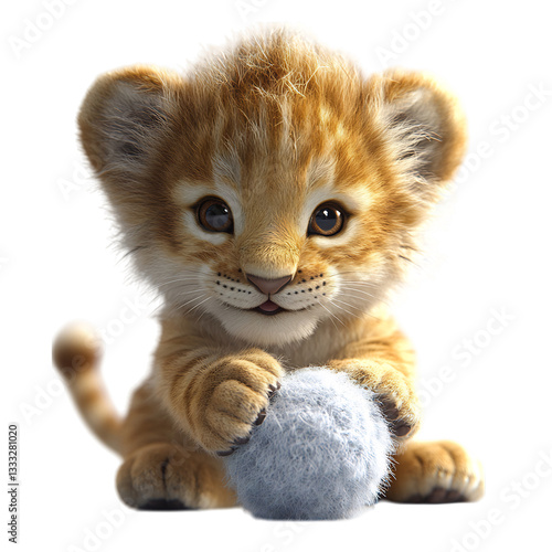 A Fluffy 3D Lion Cub with Soft Fluffy Mane Playing Isolated on Transparent Background