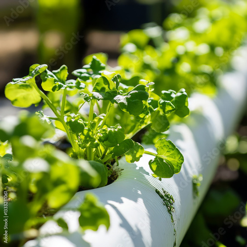 Green leafy plants growing in a white pipe under bright sunlight in an outdoor setting