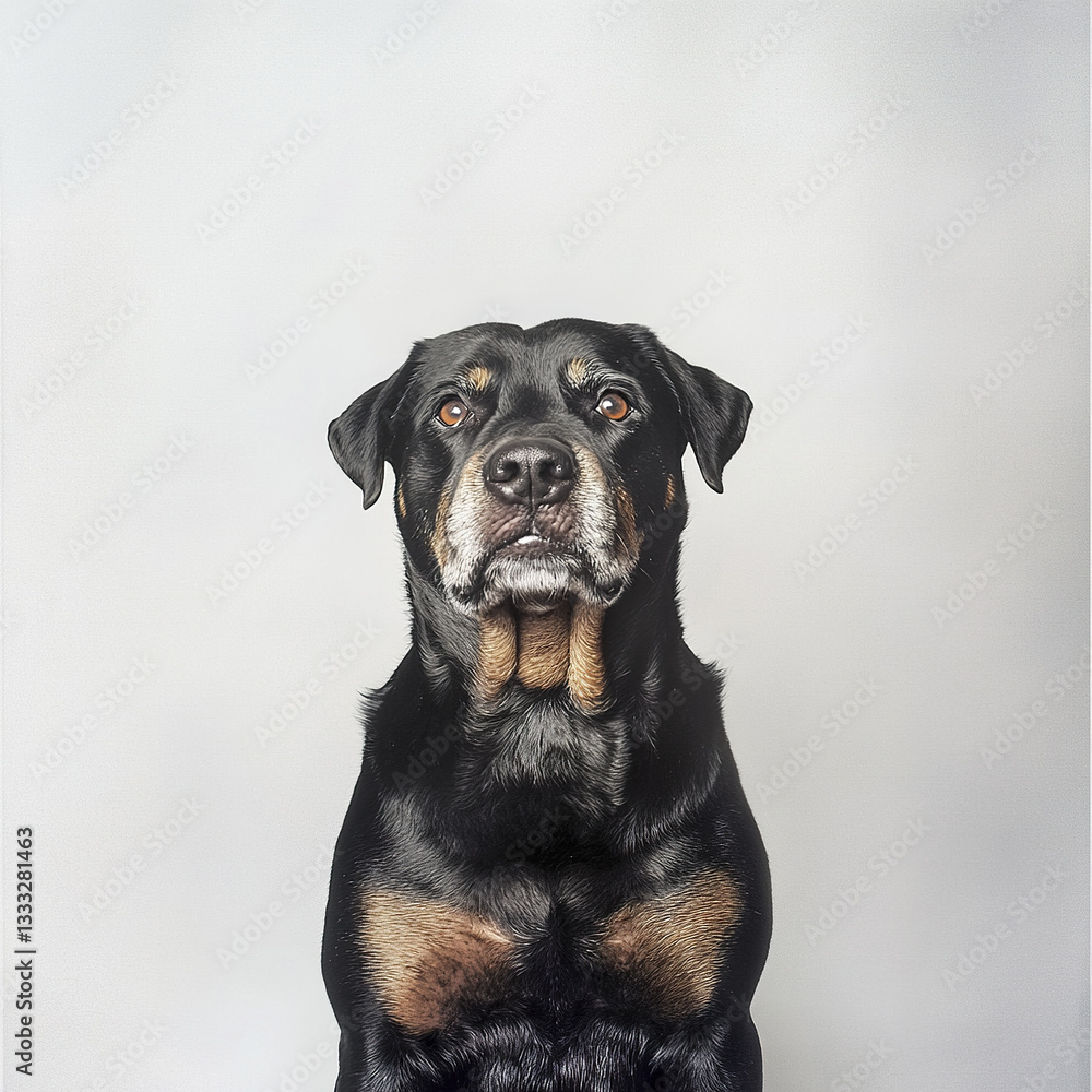 Rottweiler sitting with strong and noble pose against plain background Rottweiler sitting with strong and noble pose against plain background