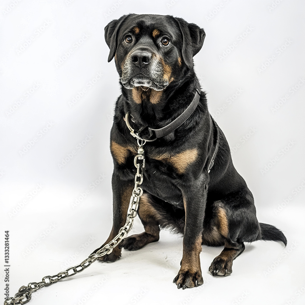 Fototapeta premium Rottweiler sitting with strong and noble pose on white background