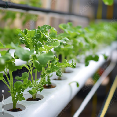 Bright green leafy plants growing in white pots within an indoor hydroponic system