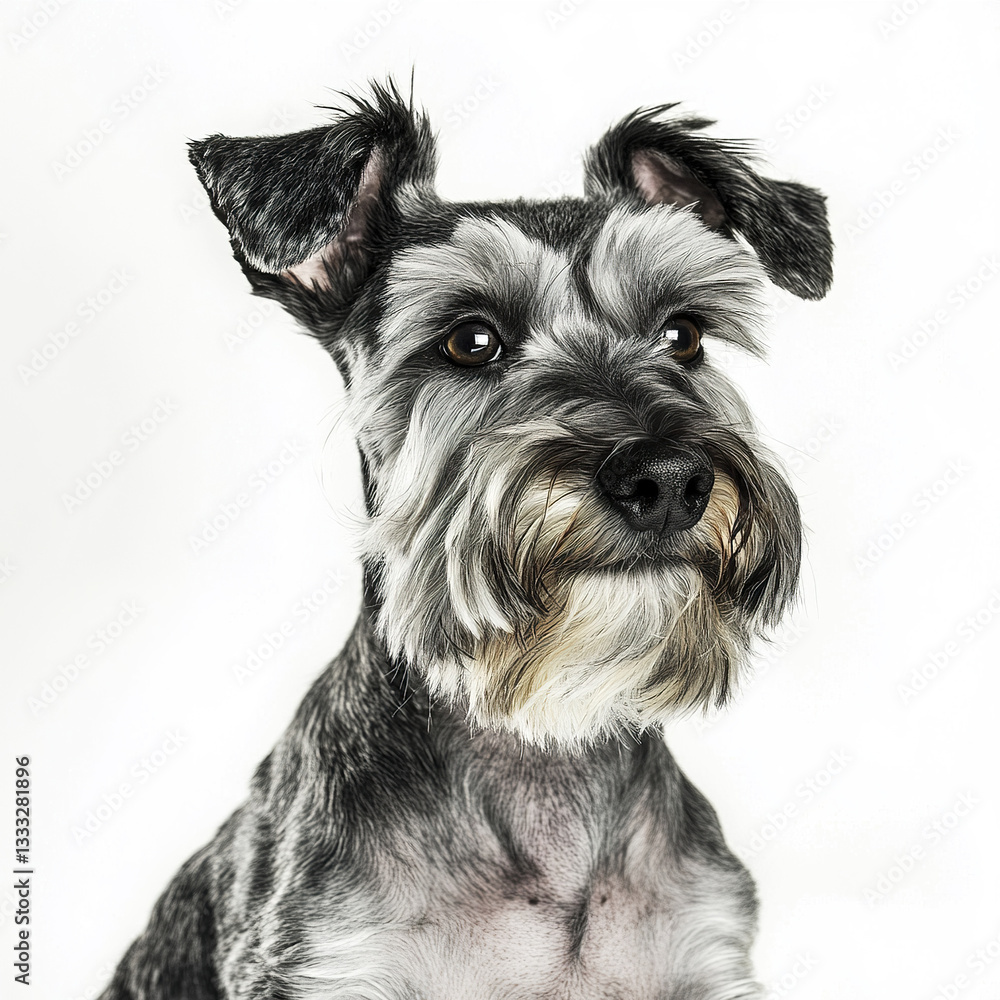 Schnauzer with alert expression against white background Schnauzer with alert expression against white background