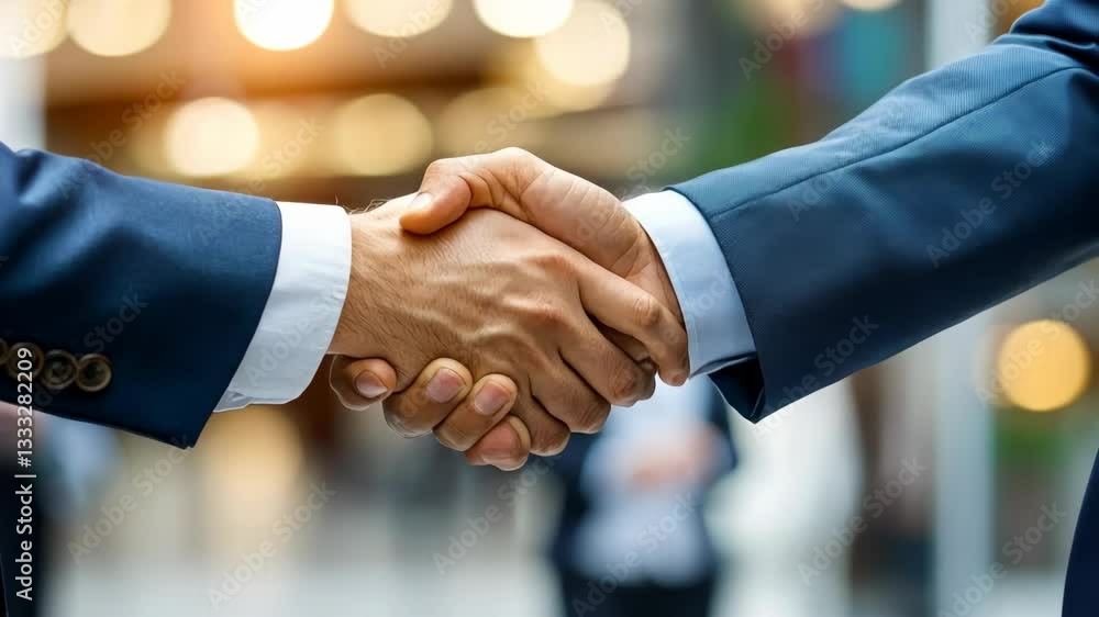 Business professionals engage in a firm handshake at a modern office during a successful meeting Business professionals engage in a firm handshake at a modern office during a successful meeting