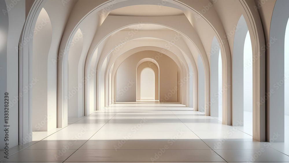 A long white hallway featuring arches, illuminated by natural light streaming through the openings A long white hallway featuring arches, illuminated by natural light streaming through the openings