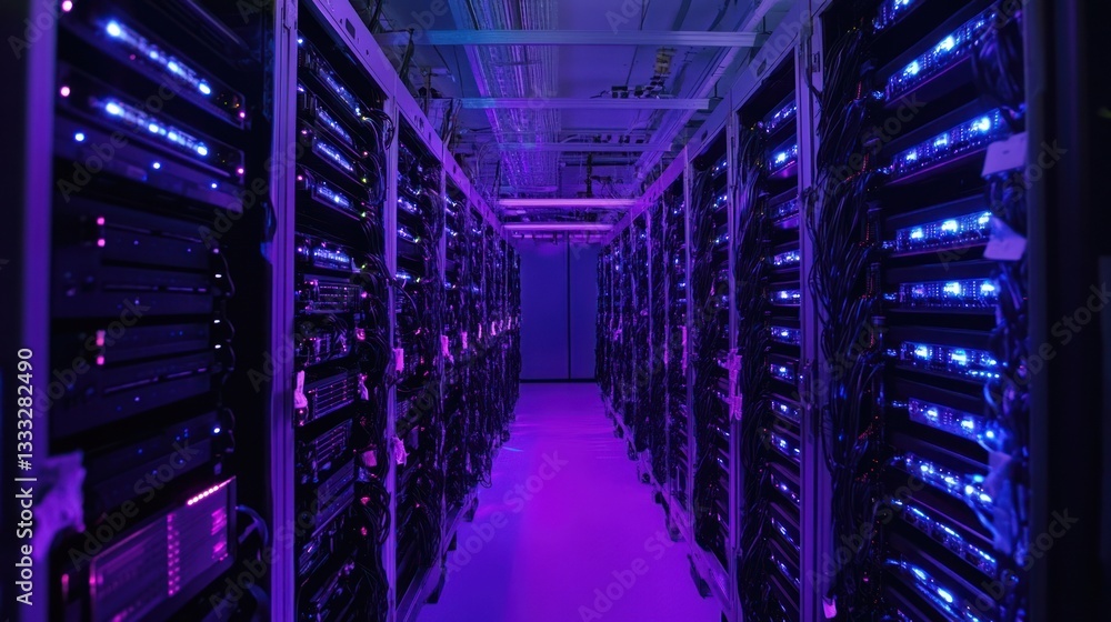 custom made wallpaper toronto digitalData center with server racks illuminated in purple and blue neon lights