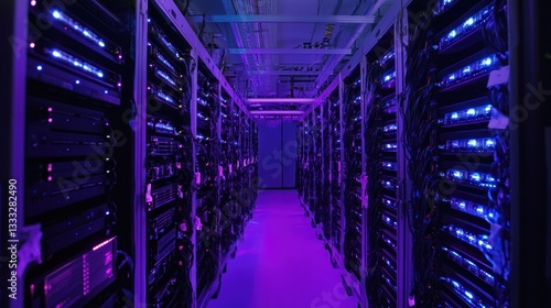 Wallpaper Mural Data center with server racks illuminated in purple and blue neon lights Torontodigital.ca