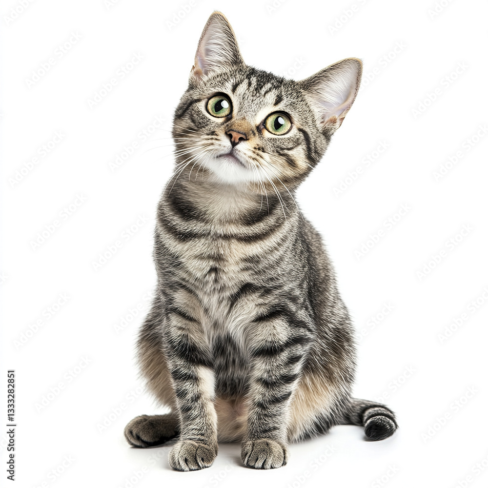 short haired grey striped cat sitting with curious expression short haired grey striped cat sitting with curious expression