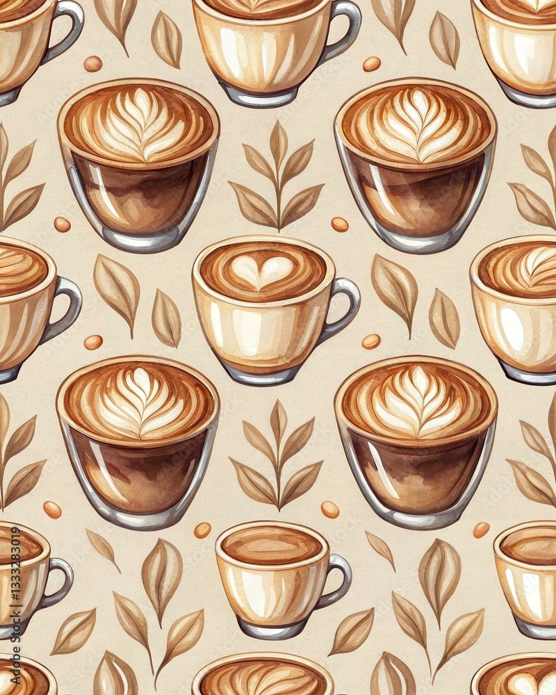 Obraz premium seamless pattern watercolor Coffee and desserts concept. Coffee cups arranged artistically with leaves in a warm, inviting pattern.