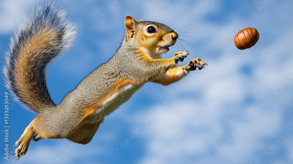 Obraz premium スカイダイビングするリス、空中で木の実を拾おうとする意外な行動