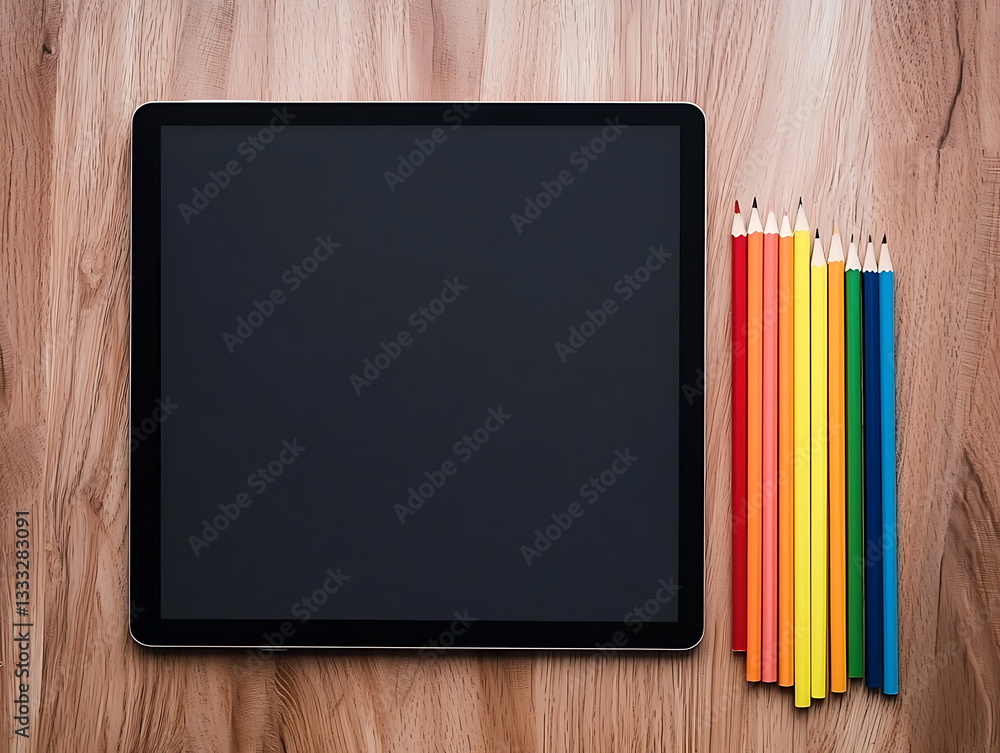 Creating digital art exploring creativity with drawing tablet and colored pencils on wooden surface Creating digital art exploring creativity with drawing tablet and colored pencils on wooden surface